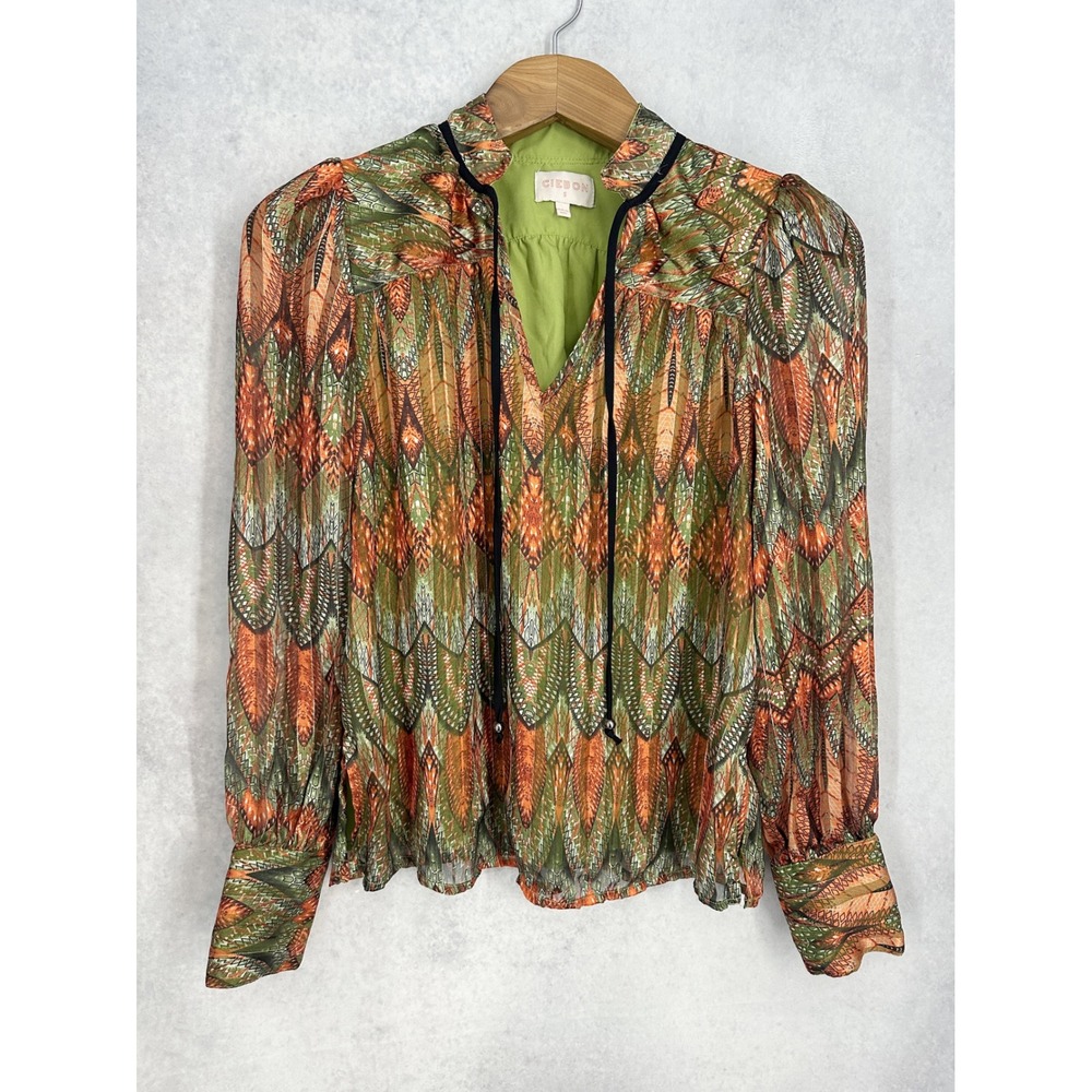 Ciebon Bohemian Metallic Long Bishop Sleeve Tie Neck Blouse women's size small